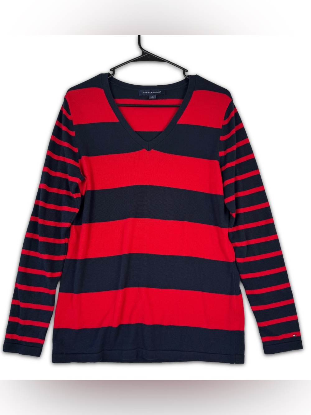 Tommy Hilfiger Sweater Womens M Medium Red Navy Striped V Neck Long Sleeve